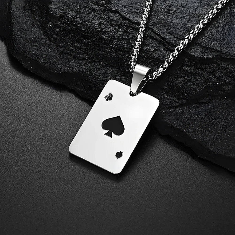 Hip Hop Naszyjnik ze stali nierdzewnej Karta do pokera Ace of Spades Dla mężczyzn Łańcuch wisiorek Karty do gry Biżuteria Ace of Hearts Naszyjniki — 2