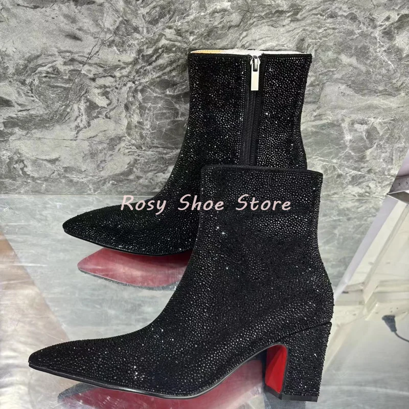 

Men Retro Style Black Full Diamond High Heel Boot Point Toe Side Zipper Square Heel Ankle Boot Black White Matte Patent Leather