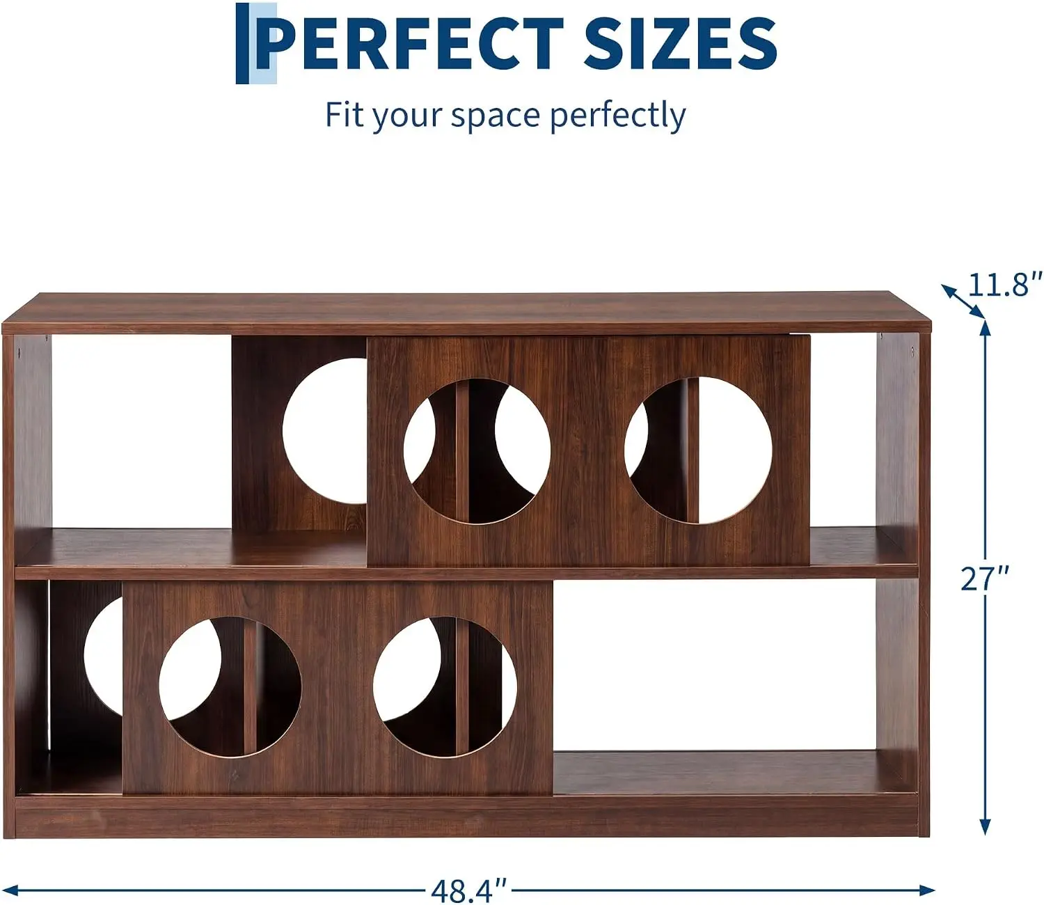 2-laags houten boekenplank, opbergorganizer met kubussen van verschillende afmetingen en decoratieve ronde uitsparingen, stevige anti-kantel plank voor boeken, cd's, speelgoed, decoratie, 48,4x11,8x27