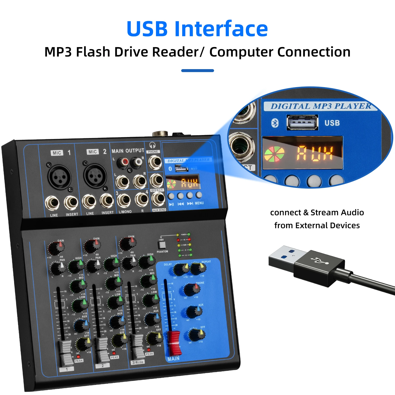 جهاز مزج الصوت الاحترافي Depusheng FD4 مع 4 قنوات وحدة تحكم خلط DJ المحمولة مع واجهة USB للأداء