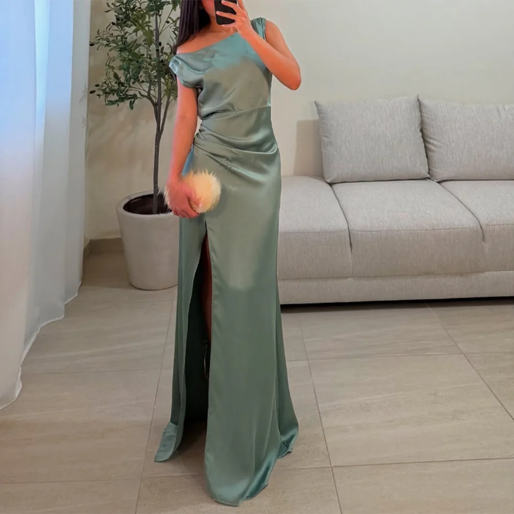 

Customized Straight Prom Dresses Floor-Length Scoop-Neck Sleeveless Evening Gown Simple Draped Side Split Fashion Party Gown