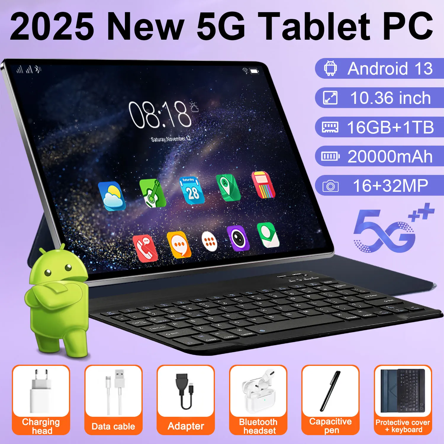 Tableta con GPS y Doble SIM, WPS, 2025, Nueva, 5G, 10.36 Pulgadas, Android 13, 16 GB, 1 TB, 20000 mAh, 14 Núcleos, Versión Global con