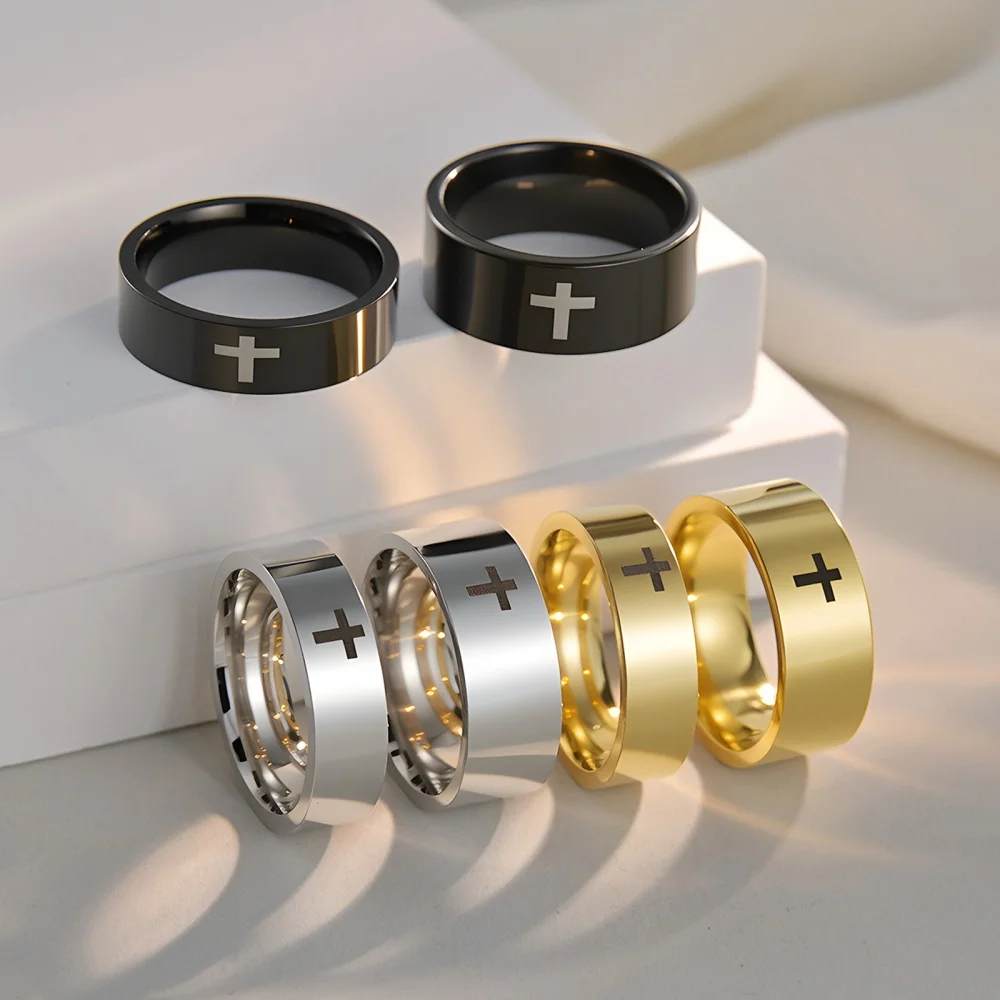 Christlicher Kreuzring für Männer, breiter schwarzer Schmuckring, religiöser Ring in Gold- oder Silberfarbe, polierter Symbol-Statement-Ring – Detail 2
