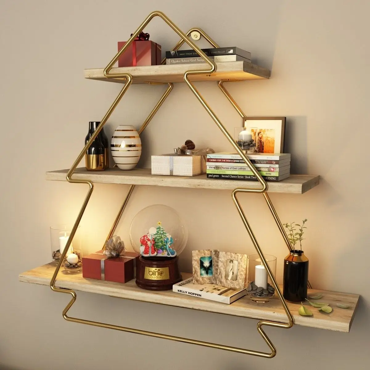 Decorative Wooden Three Tiers Wall Shelf Living Room Kitchen Bathroom Triangle Multipurpose Shelf Accessory Storage Organization