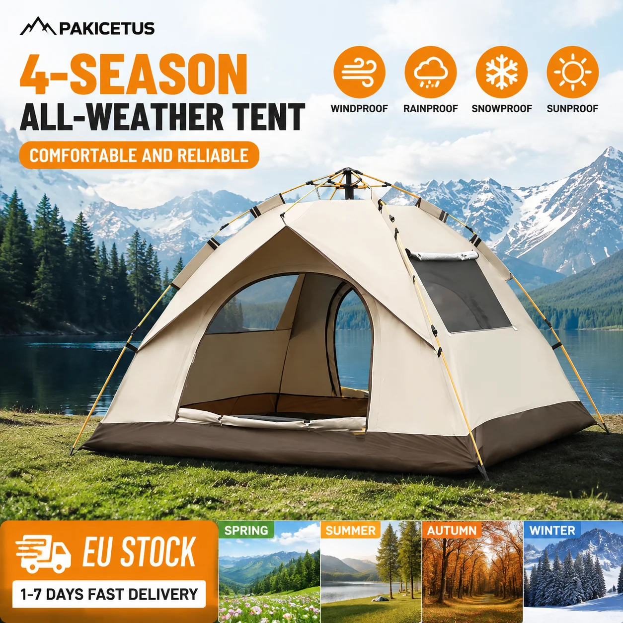Tente pop-up PAKICETUS en 3 secondes avec poteaux en fibre de verre et tissu Oxford de haute qualité - Installation instantanée automatique, tente de camping légère pour toutes les saisons, résistante au vent, intérieur spacieux adapté à la randonnée, à la plage
