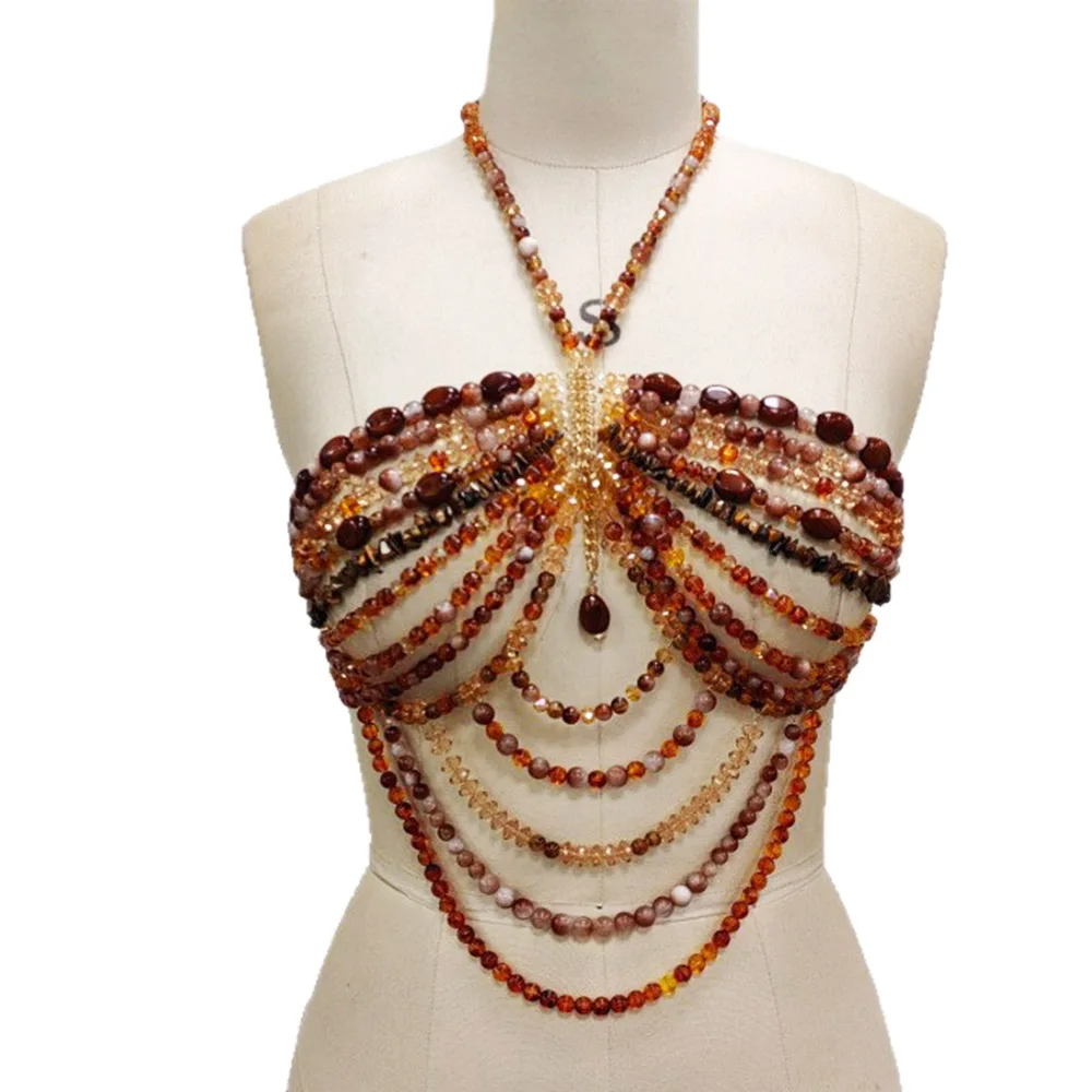 2026 Handmade Beaded Halter Top Layered Brown Beads Boho Beachwear Cover Up For Goddess Gemstone Beaded Body Chain Bra Jewelry