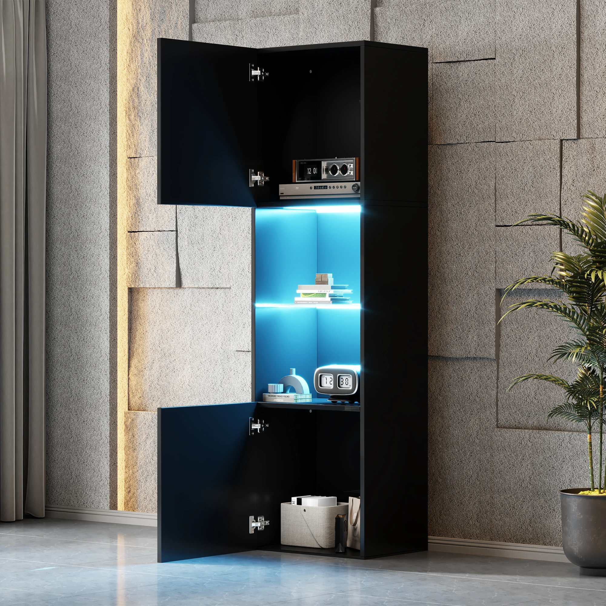 Vitrine noire brillante avec éclairage LED, 1 fond en verre, 45*35*160 cm, vitrine autoportante, vitrine noire + panneau de particules