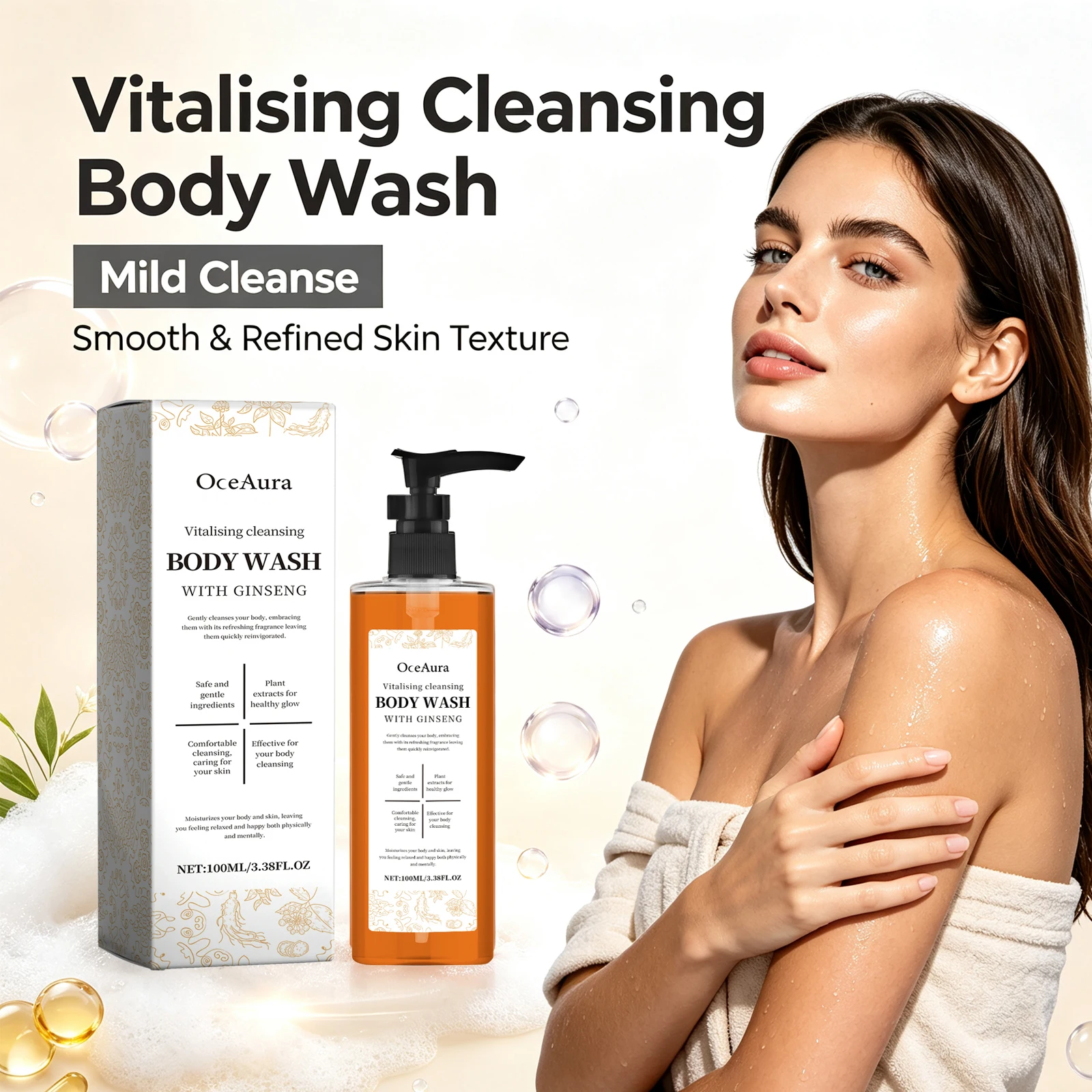 Ginseng Body Wash Hyaluronic Acid Natural Botanical Blend Refreshing Revitalizing Skin Smoothing Softening Enhancing Radiance Healthy Glow Bath Shower Gel