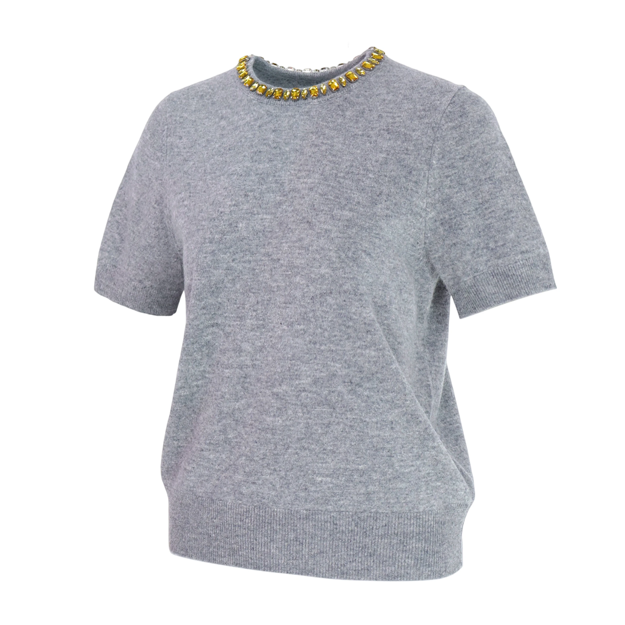 2026 Summer Women 100% Wool Short Sleeve Knit Top Round Neck Rhinestone Embellished Elegant Office Commuter Pullover