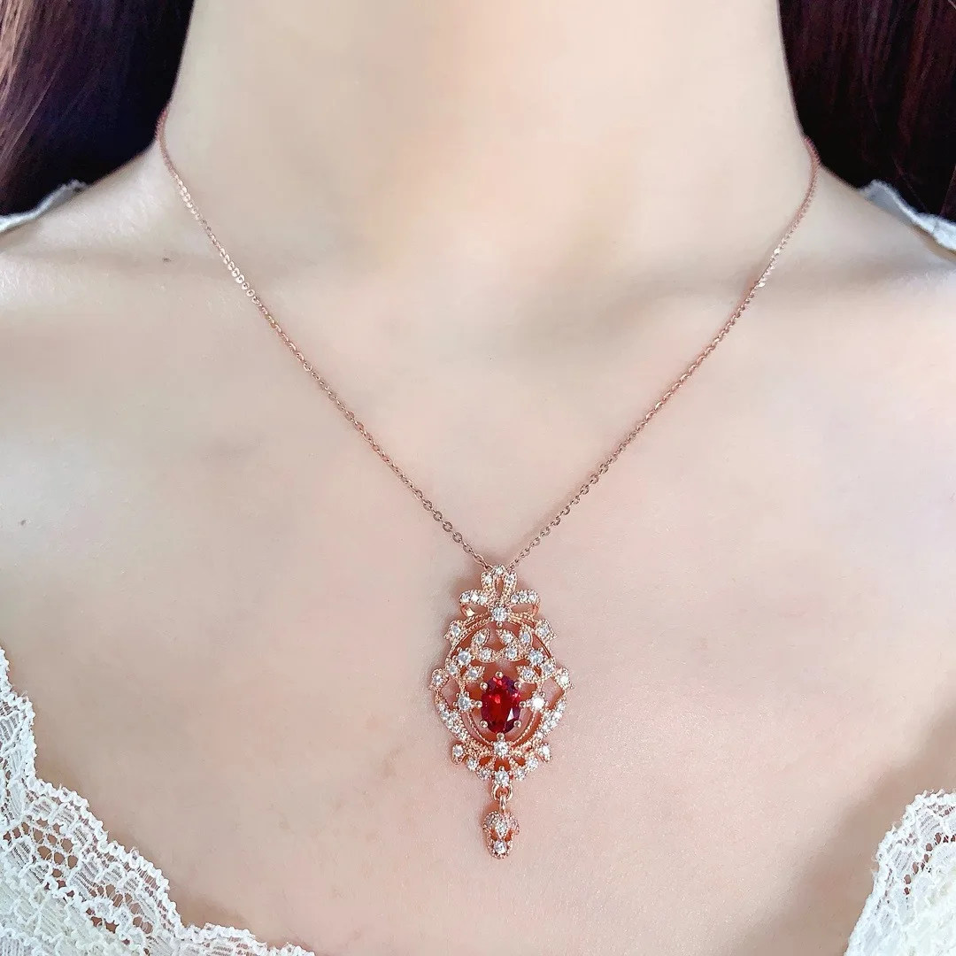 Boutique Jewelry Women's Natural Gemstone Pendant Necklace 925 Pure Silver Plated 18K Rose Gold Red Garnet Style Gift Girlfriend