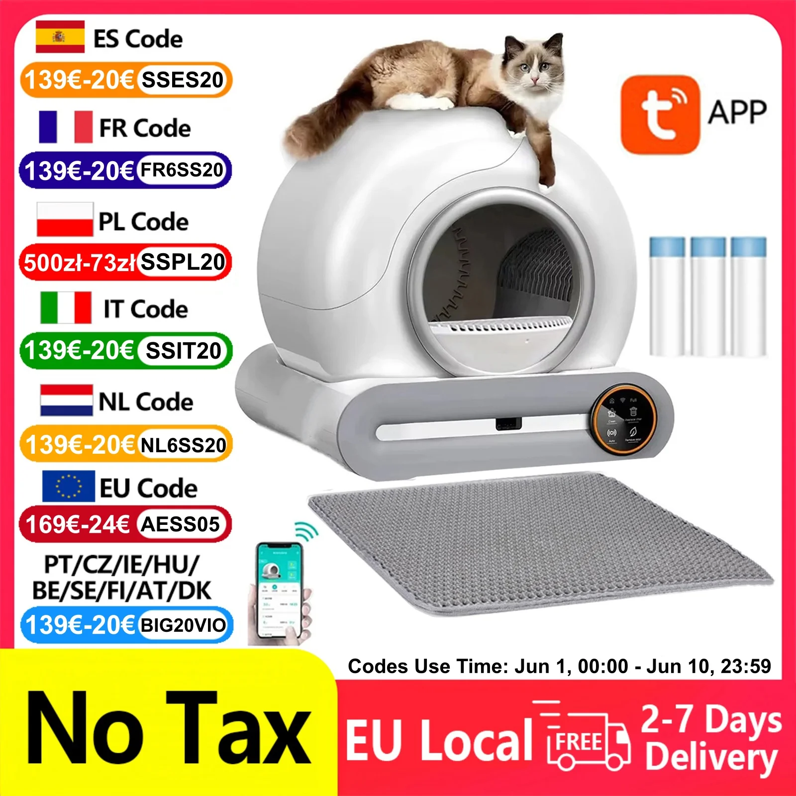 Bac à litière intelligent autonettoyant pour chat, toilette automatique pour chat de grande capacité (65 L) avec contrôle à distance via application mobile Wi-Fi, nettoyage automatique et élimination