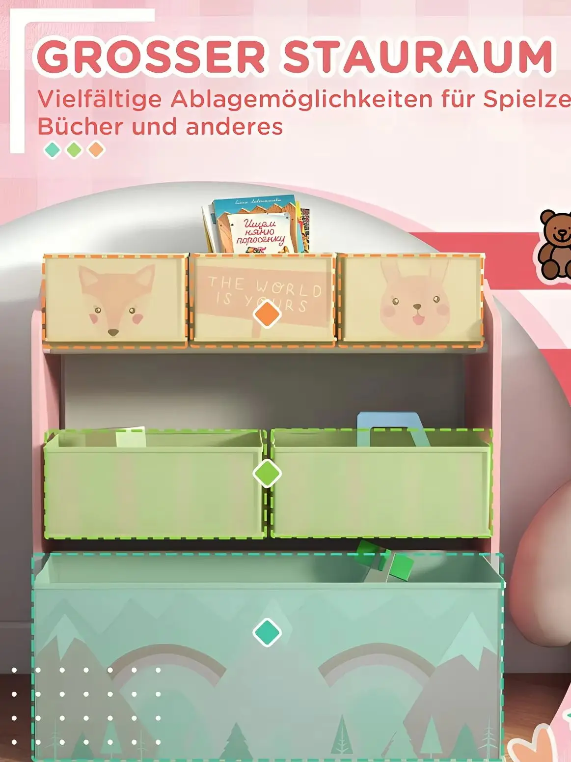 Kinder-Aufbewahrungsregal mit 6 Stoffboxen, Spielzeug- und Buchregal, 63 × 30 × 66 cm, Robustes Kinderregal mit Niedlichem Muster, Rosa