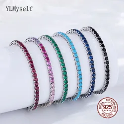 YLMyself 925 Silver Tennis Bracelet, 3mm Pave CZ, Dark Ruby/Rainbow/Blue/Green/Black, Eternity Design, Fine Jewelry for Women