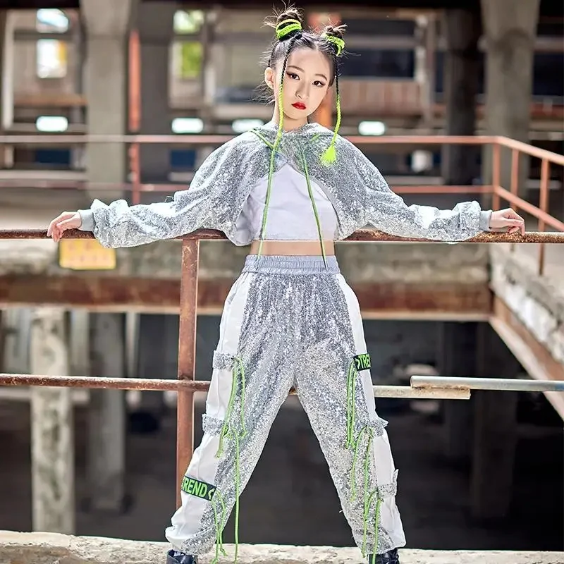 Hip Hop Girls Clothing Cool Jazz Kids Sequins Silver K Pop Outfits Street Dance Costumes Modern Dance Navel Performance Clothes — zdjęcie 2