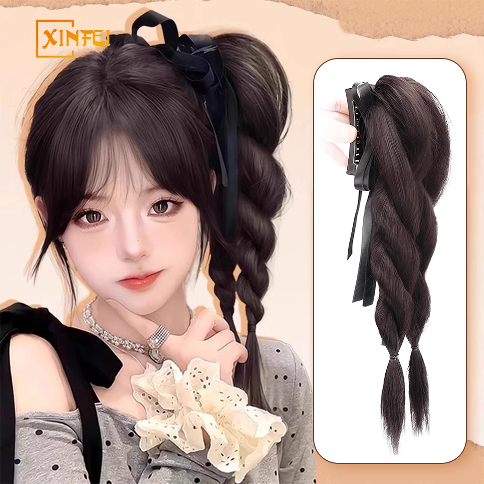 XINFEI Synthetic Ancient Oblique Ponytail Wig Claw Clip Double Twist Braid Natural Fluffy Braided Wig Braid High Ponytail