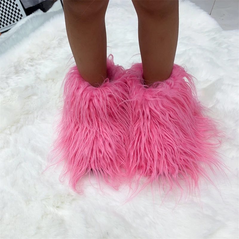 

Hot Kids Warm Fur Boots Kids Winter Plush Faux Fur Snow Boots Ladies Furry Outdoor Slip On Shoes Female Cozy Fuzzy Cotton Boot