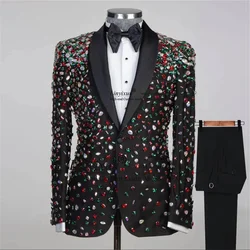 Sparkly Men's Stone Designed Suits 2 Pieces Sets Groom Wear Tuxedos Luxury Beaded Shiny Prom Party Blazer Dinner Costume Homme