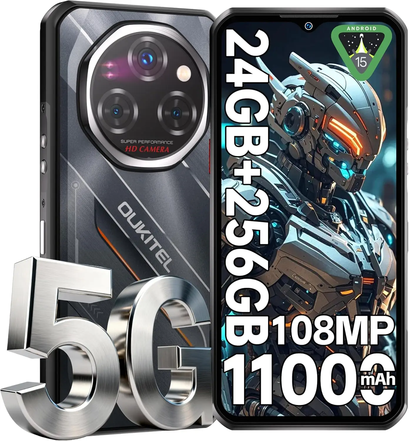 Smartphone robuste OUKITEL WP62 5G d�bloqu� Android 15-24 Go + 256 Go/2 To, t�l�phone portable robuste, �cran FHD+ 6,6 pouces, cam�ra arri�re 108 MP, 1100