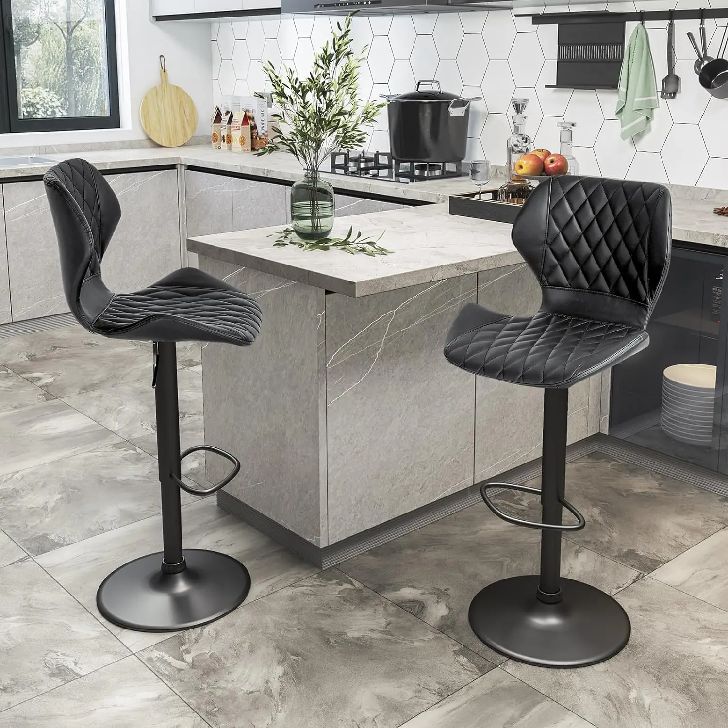 Bar stools Set of 4 Black Leather Bar Stools, Adjustable Counter Height Barstools for Kitchen Island