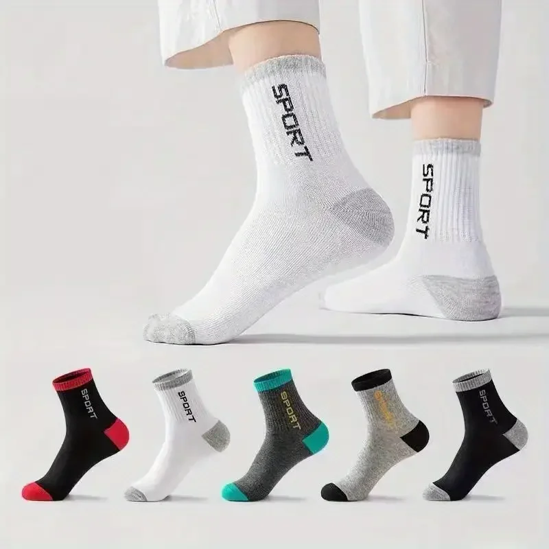 5pairs/set Men\'s Breathable Colorblock Socks Crew Socks For All Seasons