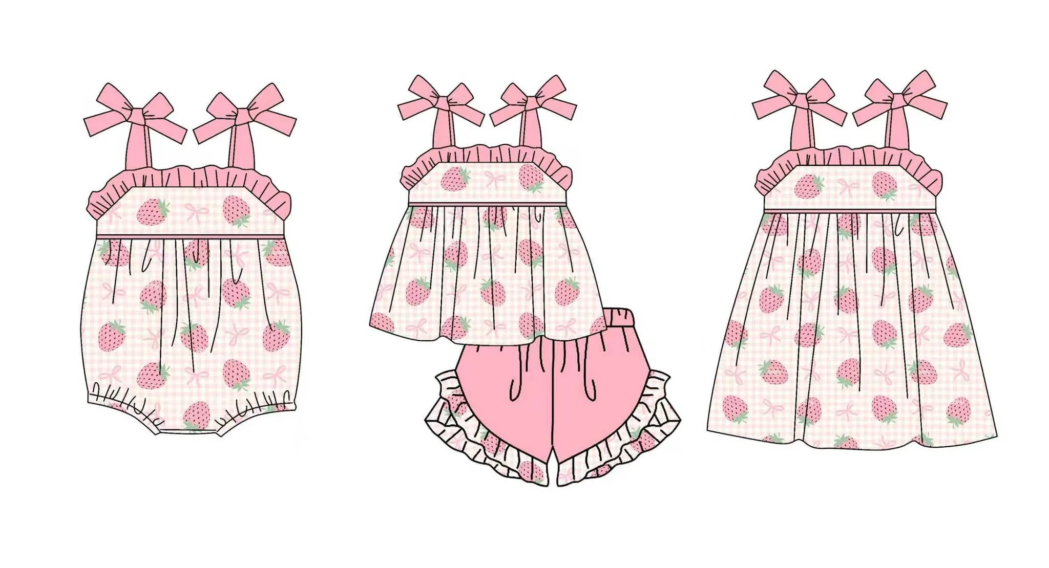 Boutique children's set cute strawberry print 3-piece set baby girls including pink halter-neck bow-tie backless dress ruffled