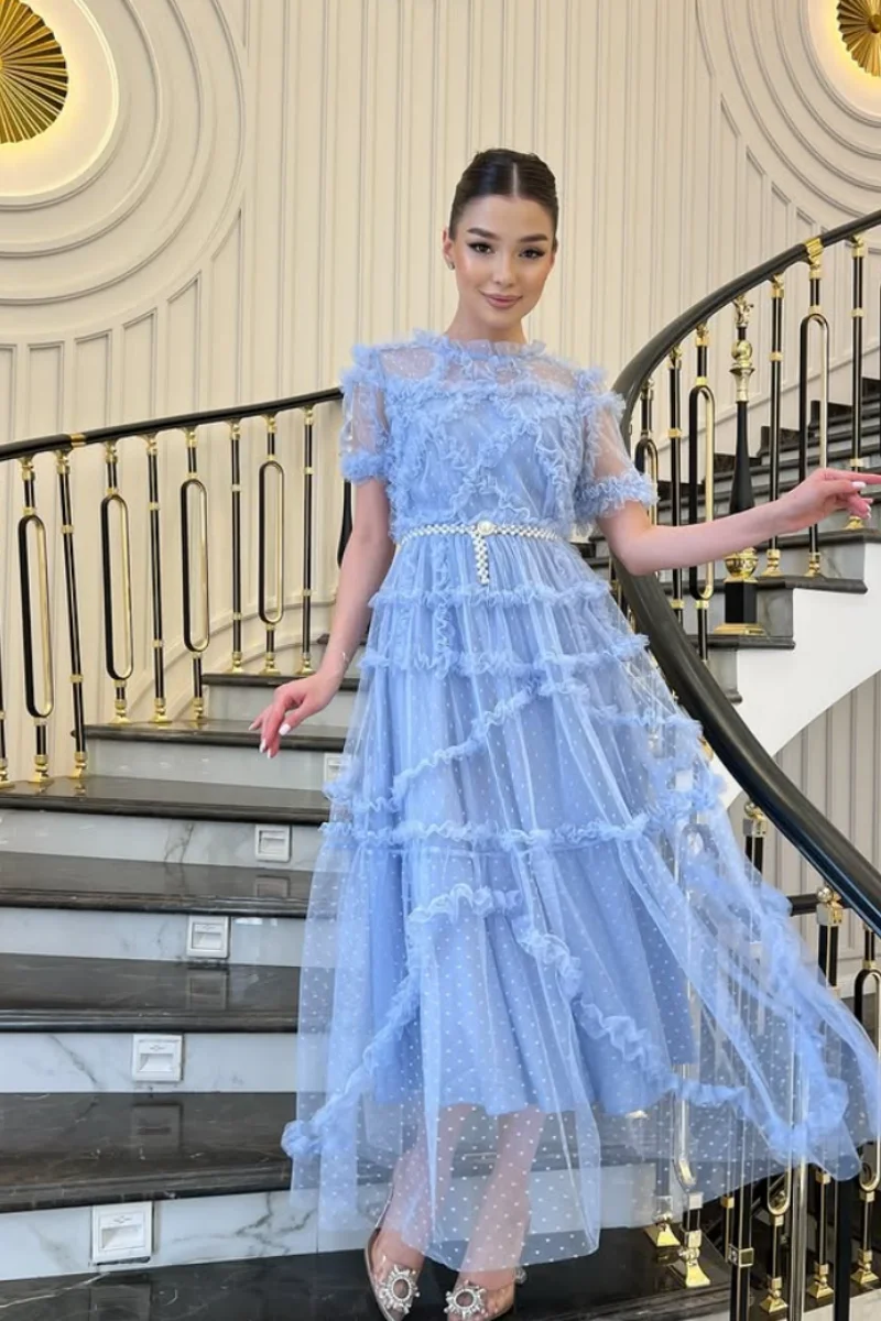Gaun Prom Biru Langit Annie Gaun Malam Tepi Melengkung Tulle Gelang Kaki Mutiara Buatan Tangan Gaun Pesta Pernikahan Wanita A-line