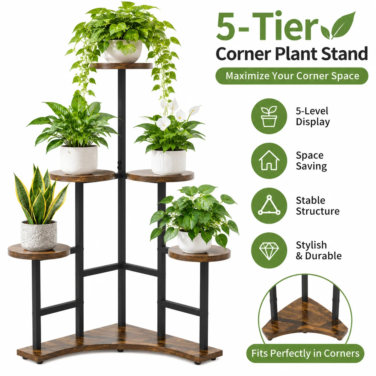 Tall Corner Plant Stand 5 Tier Wooden Flower Shelf with Metal Frame, Space Saving Indoor Plant Display Rack