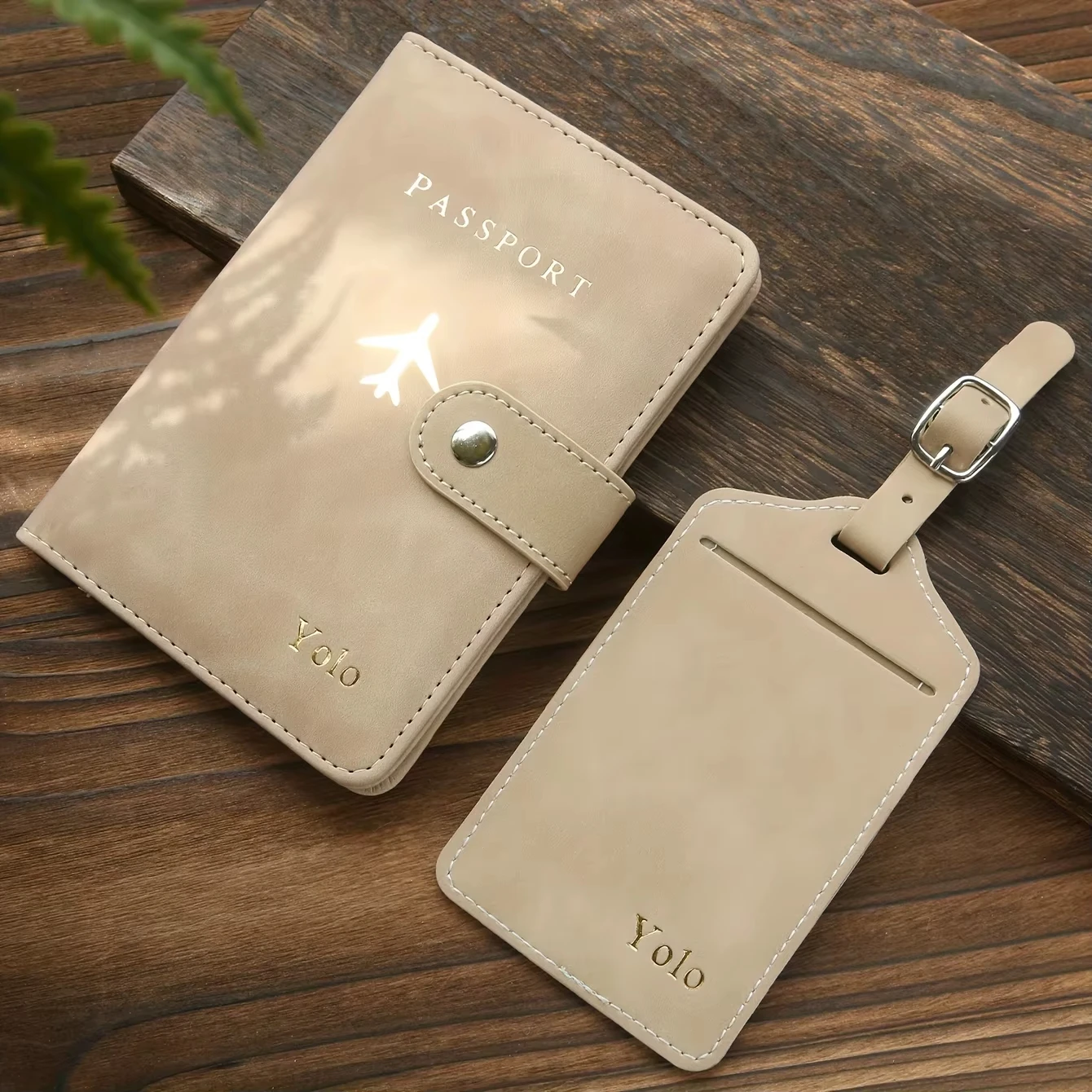 Custom Hot Stamped Gold Monogram Passport Cover & Luggage Tag Set, Textured PU Leather Personalized with Custom Names for Travel - view 5