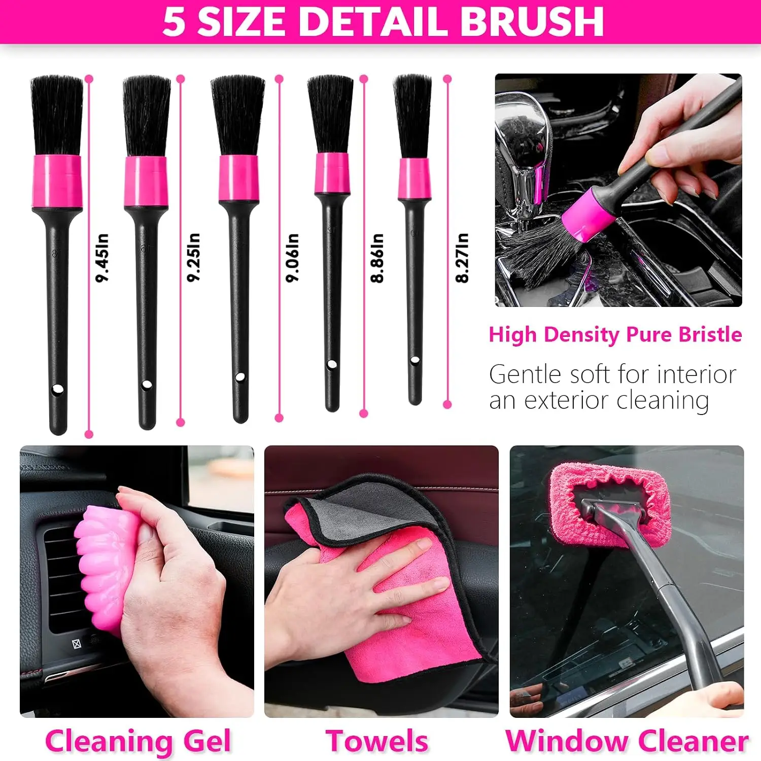 Car Cleaning Kit, Car Corded Vacuum Detailing Kit Interior with High Power Handheld Vacuum, Including 7Pcs Detailing Brush Set, Windshield Cleaner, Pink Car Accessories for Women