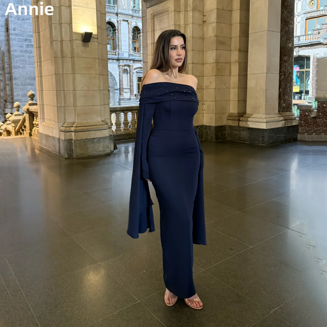 

Annie Navy Prom Dresses Four-way Stretch Long Sleeves Evening Dresses Hand-beaded Anklet Formal Occasion Ladies فساتين سهرة