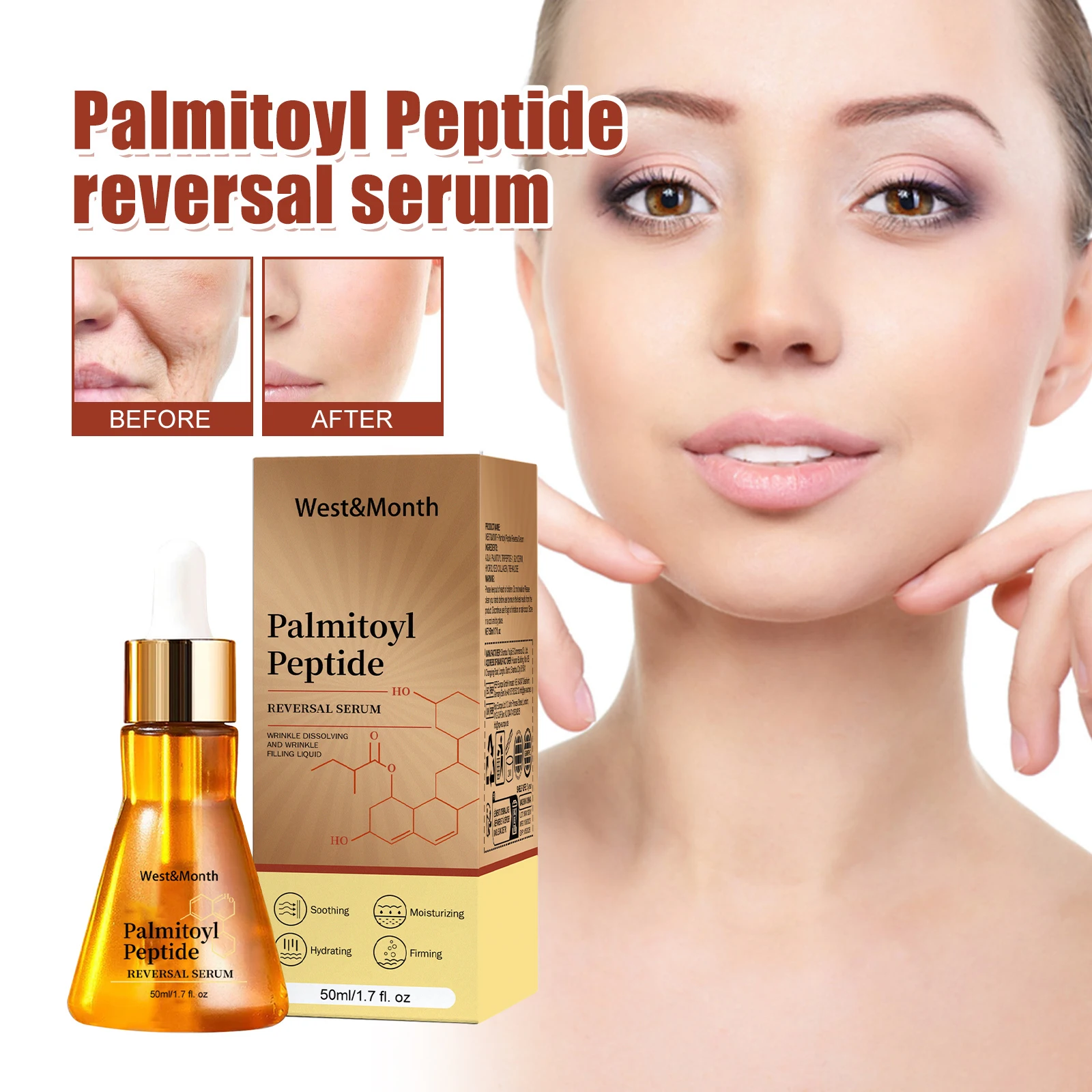 

West&Month 50ml Palmitoyl Peptide Facial Serum Firming Hydrating Brightening Smooth Wrinkles Fine Lines Tightening Face Essence