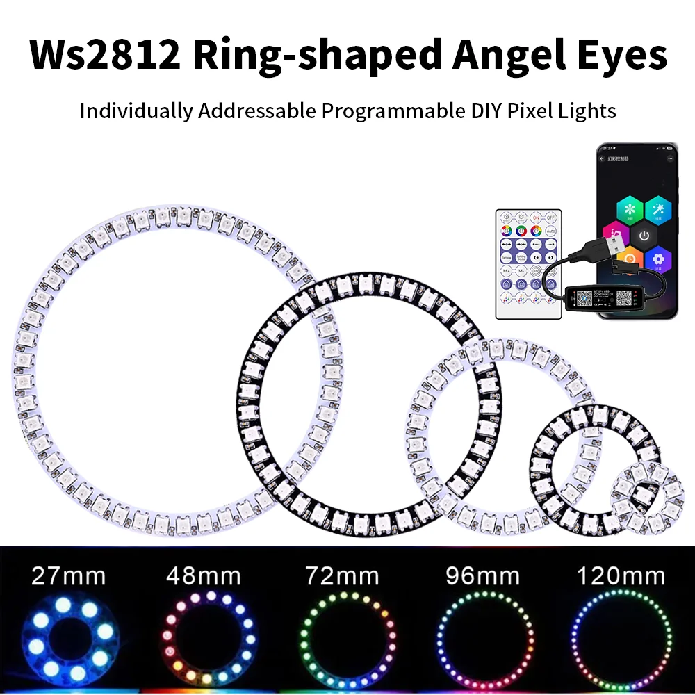 WS2812B LED Ring 5050 Built in Individually Addressable 8 16 24 35 45 Pixels RGB With USB 28Keys Bluetooth Music Controller Kit