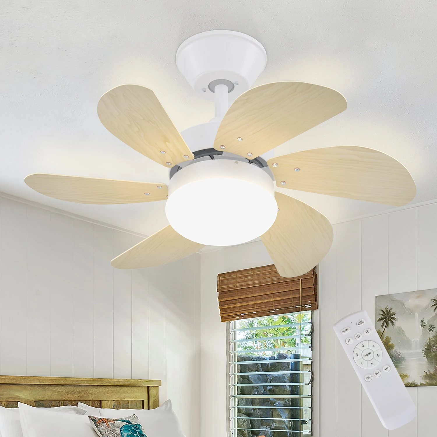 75cm Moderner Holzstil-Deckenventilator mit Licht, E27-Fassung, 6 Flügel, Fernbedienung, 6 Geschwindigkeiten, 1/2/4-Stunden-Timer, leiser Motor, reversibel, Sommer/Winter, Gehäuse aus massivem Kupfer