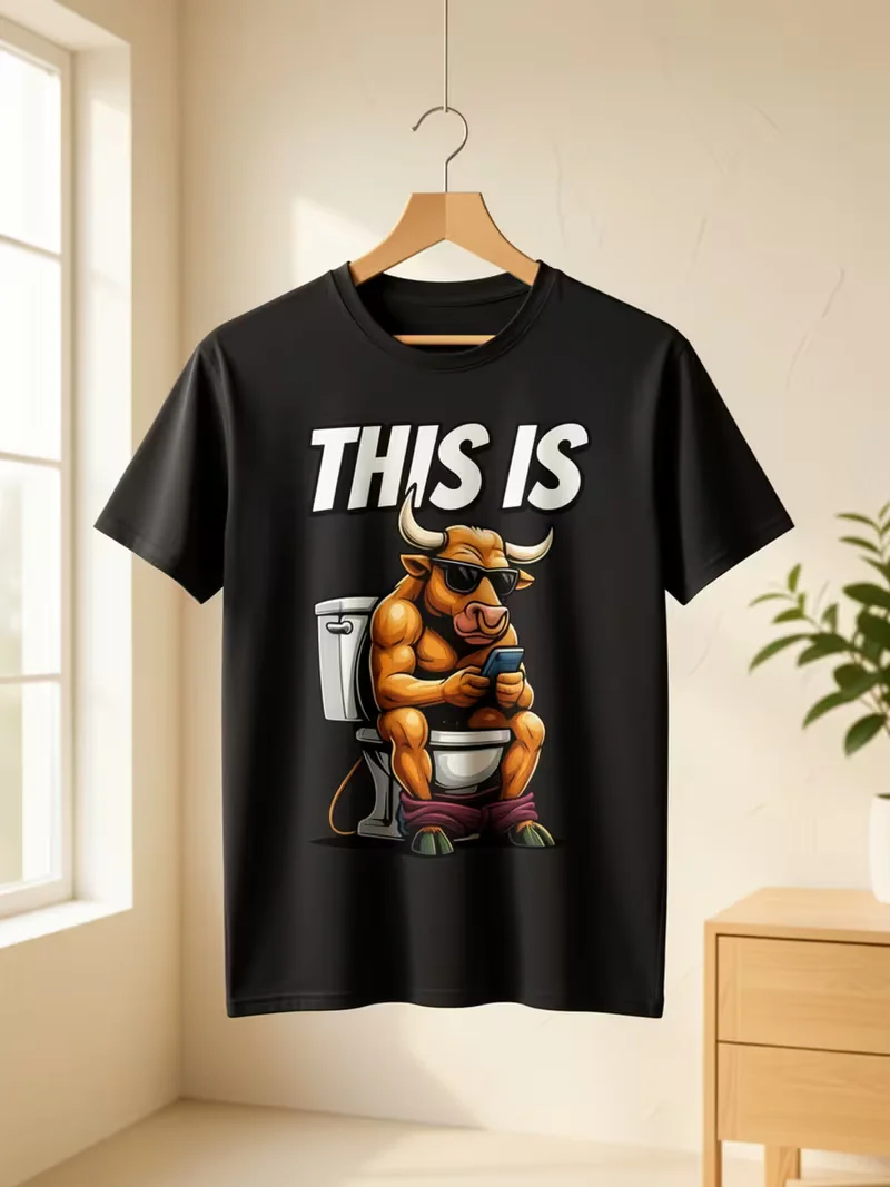 Funny Bull On Toilet This Is Graphic T‑Shirt, Humorous Novelty Tee For Men Women, Casual Couple Short Sleeve T‑Shirt