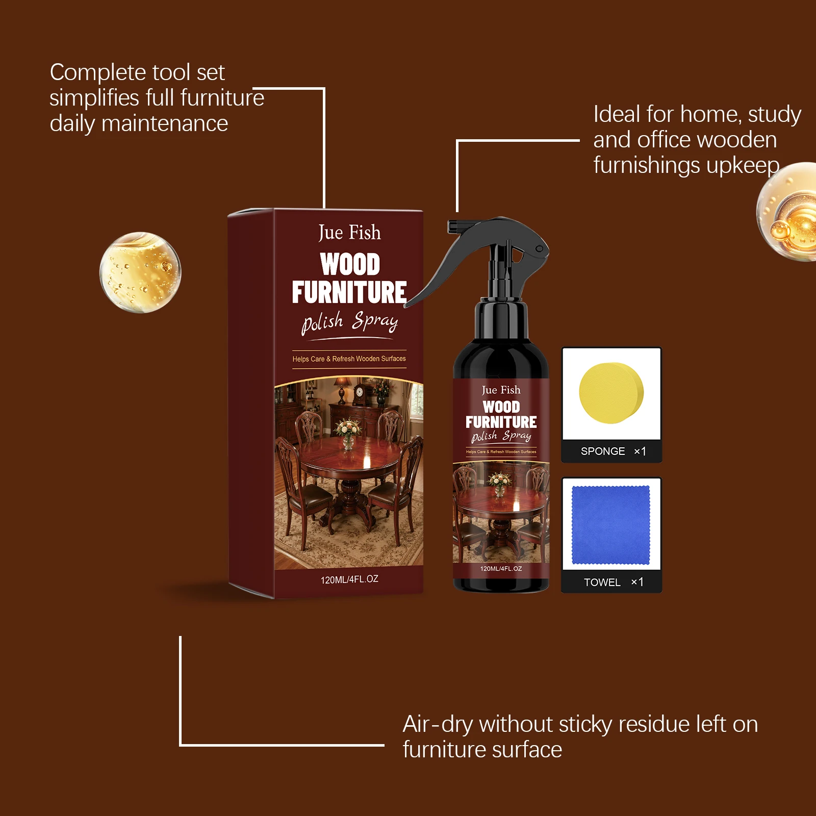 120ML Wood Furniture Maintain Spray Gentle Cleaning Dirts Dissolve Stains Dustproof Polishing Enhance Gloss Protective Wooden Maintain Spray