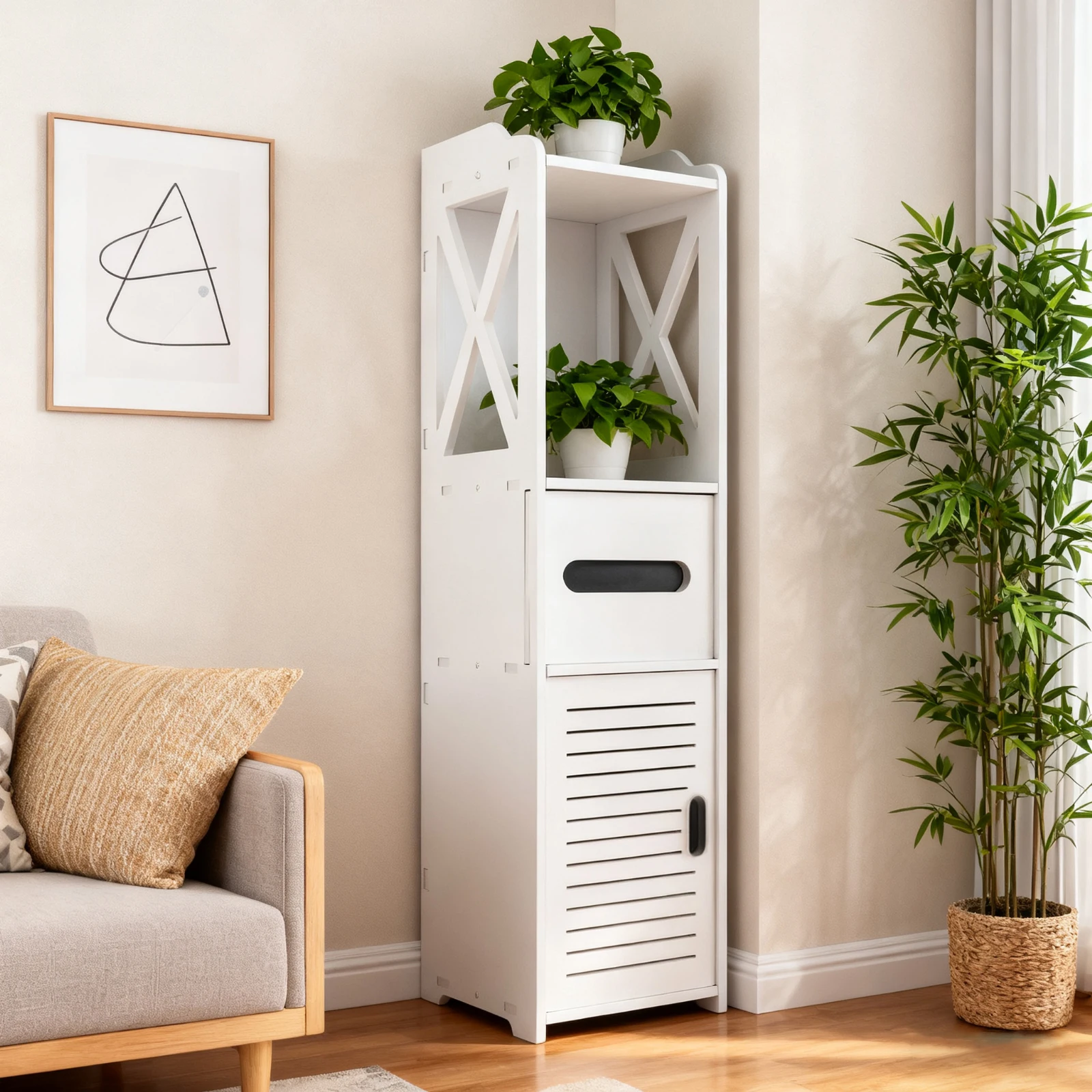 Mobiletto da bagno alto, organizer stretto autoportante da posizionare accanto al water, mobiletto da pavimento sottile in PVC impermeabile con cassetto e anta, per bagno, cucina e camera da letto.