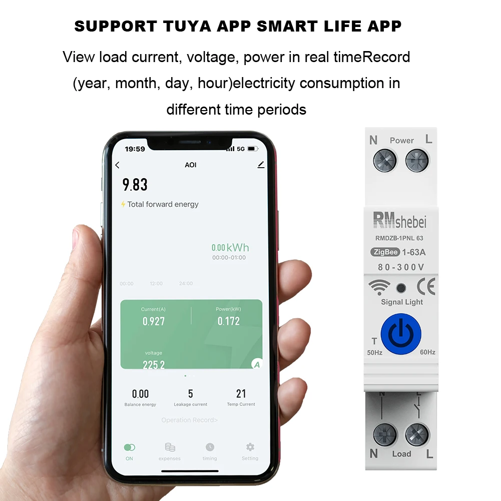 RMshebei WiFi ZigBee Smart Circuit Breaker with Power Monitor Metering 1P 63A DIN Rail work with Smart life Alexa Google home