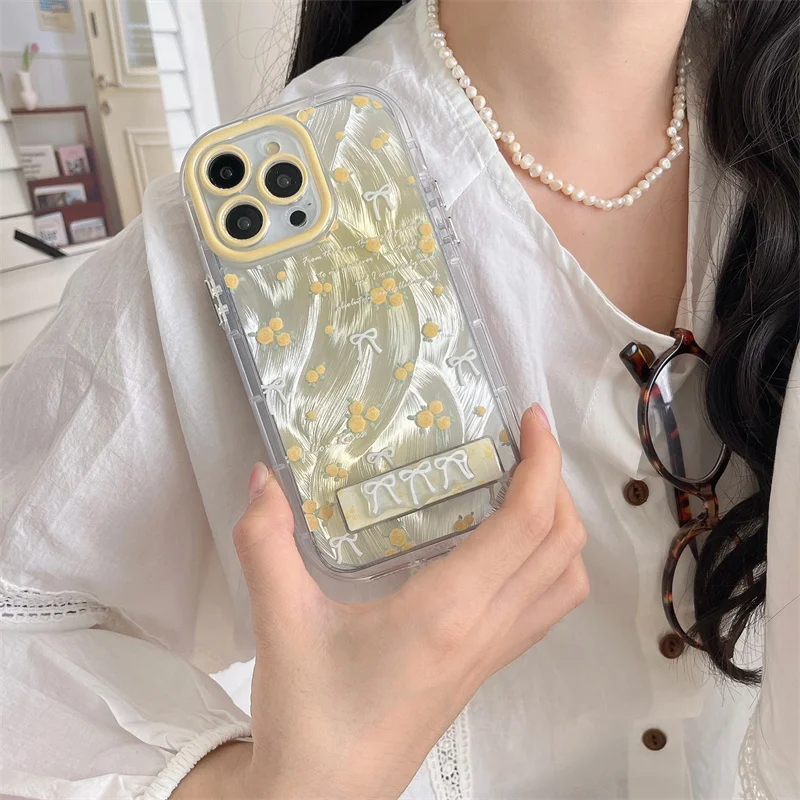 Yellow floral bow  Phone Case for iPhone 15 14 13 Pro Max  15pro Silver muslin Design Cover Women Floral Protection Cases