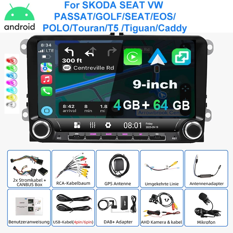 ESSGOO Autoradio Android15 9" 4+64 GB voor VW Golf 5 6 Plus Touran Caddy Jetta Passat Polo GPS Navigatie Bluetooth RDS FM WiFi Draadloze CarPlay Android Auto 2+32 GB Stuurwielbediening Aanraakscherm - afbeelding 1