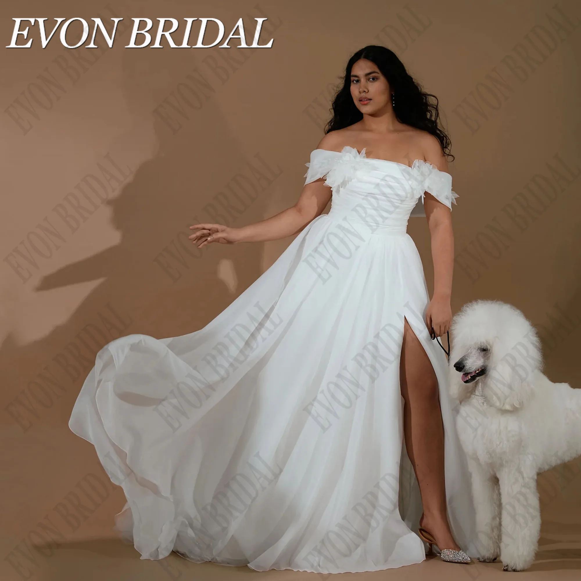 

EVON BRIDAL High Split Wedding Dresses Plus Size A-line Bride Gown Elegant Flowers Off Shoulder Corset Chiffon Bridal Dress