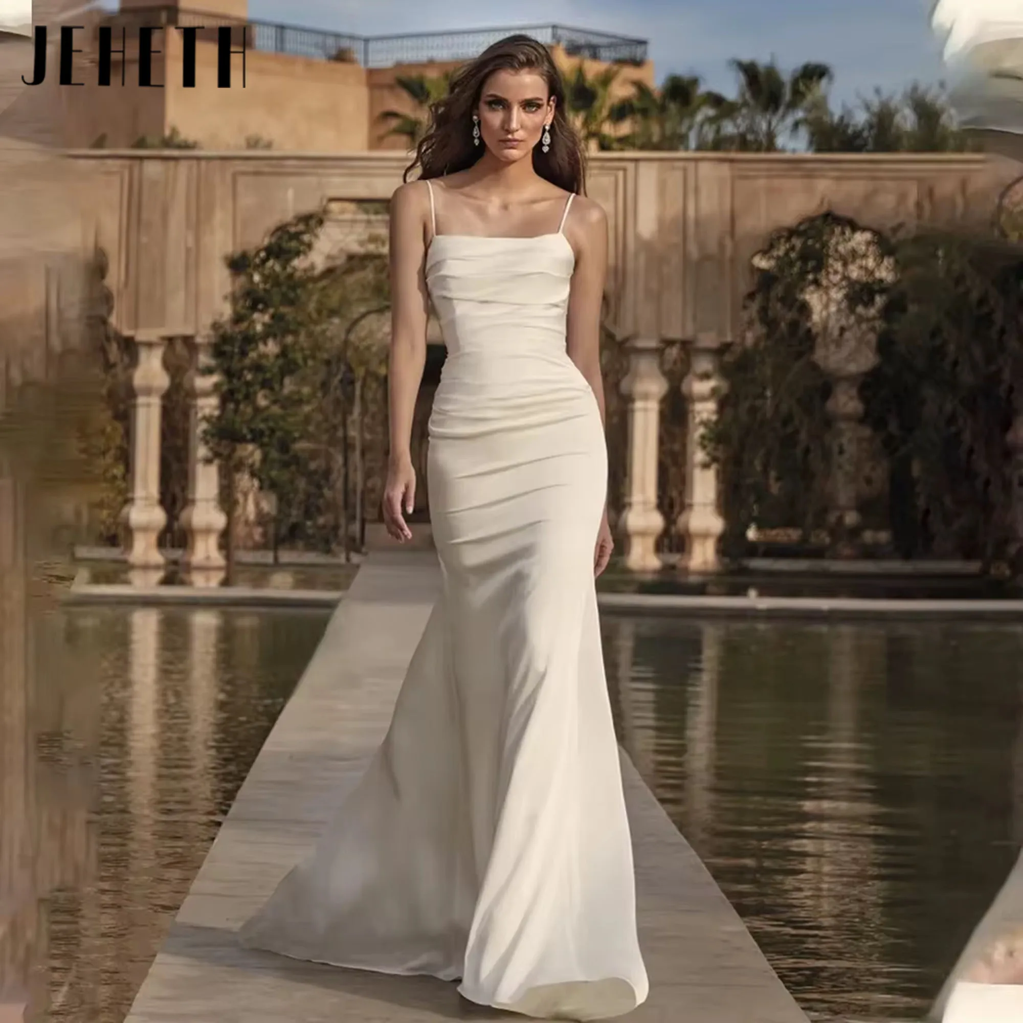 

JEHETH Elegant Sexy Spaghetti Straps Please Satin Mermaid Wedding Dreses Sweep Train Bridal Grown Vestido De Noival Customized