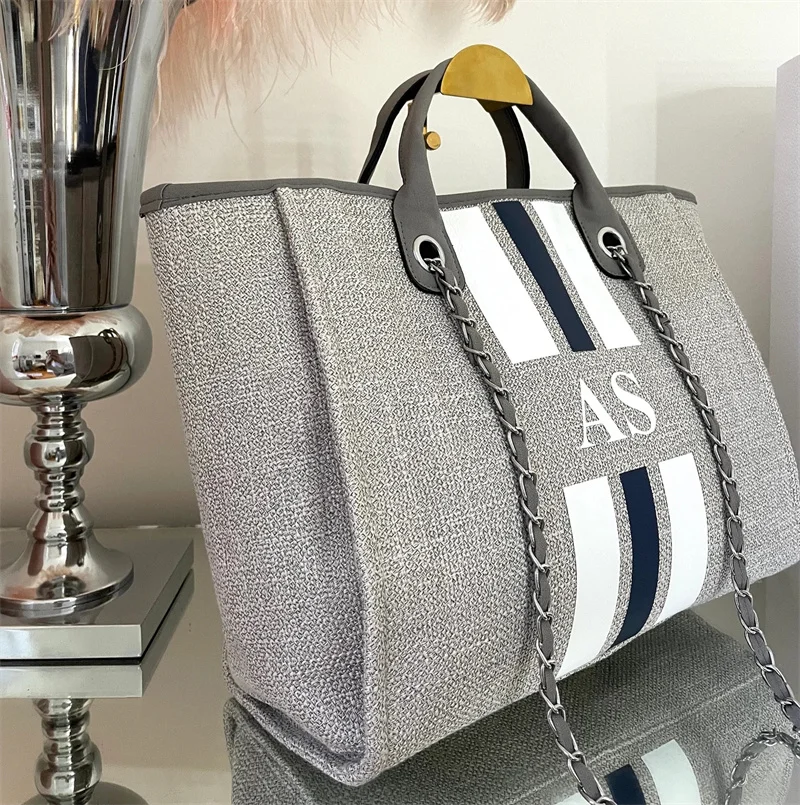 Monogram Tote Bag Canvas Customised Grey Chain Handbag Personalised Navy White Stripe Initials Beach Holiday Shoulder Tote Bag