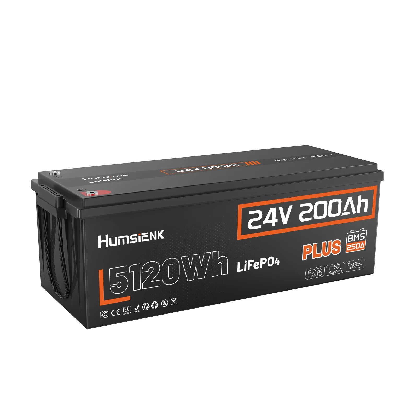 Akumulator LiFePO4 Humsienk 24V 200Ah z ulepszonym systemem BMS 250A, żywotność do 15000+ cykli, akumulator litowy 5120Wh z ochroną przed niską temperaturą do kamperów, paneli słonecznych, łodzi, — 2
