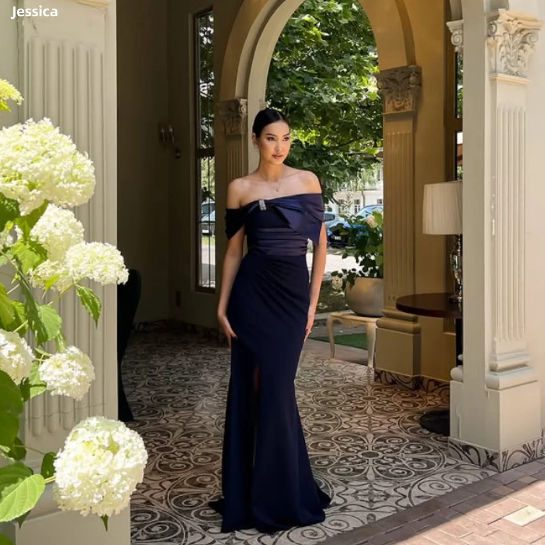 

Jessica Navy Evening Dresses Pleated Satin Prom DressesOff-shoulder Slim Fit With Four-way Stretch Party Dresses Customized