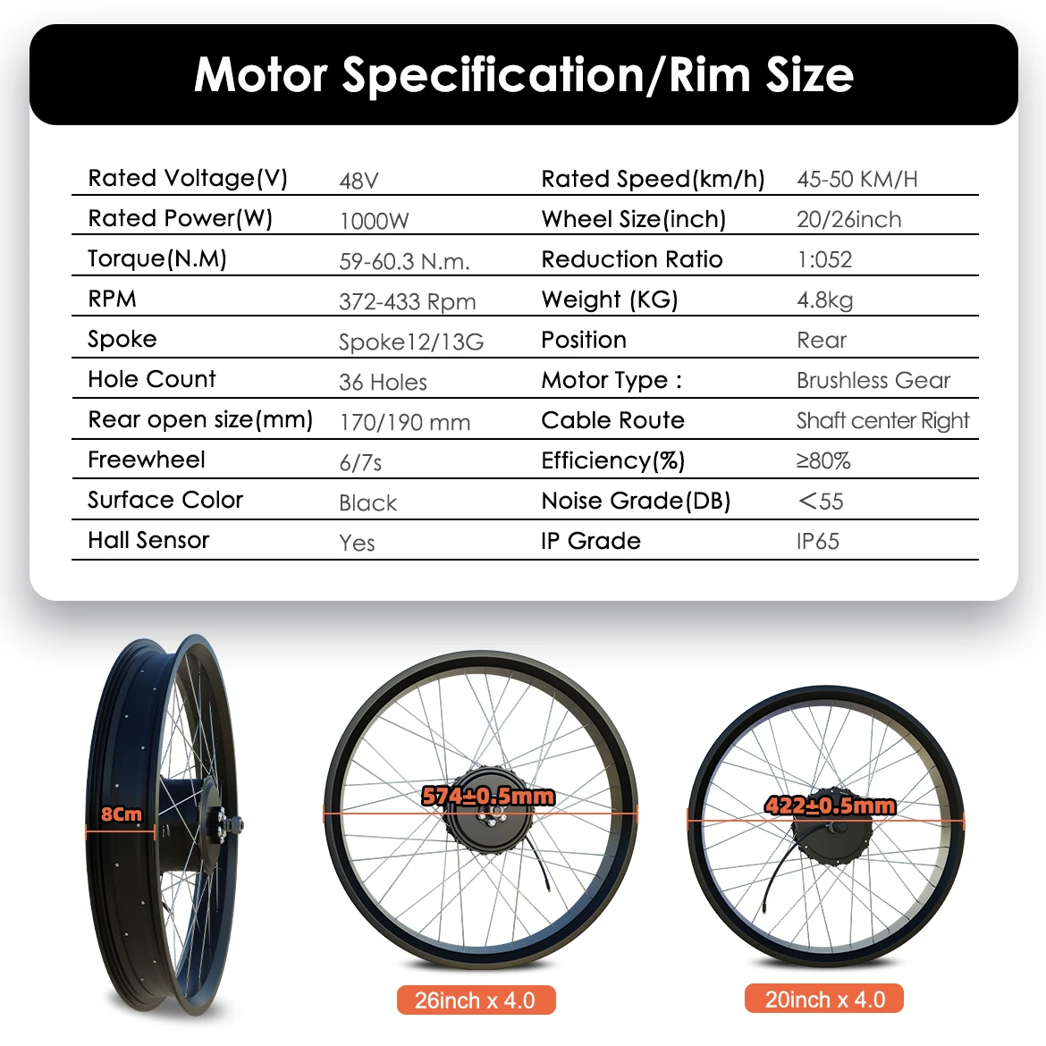 48V 1000W Fat Tire Bicycle Motor Wheel 20”26”4.0 Inch Width Brushless Gear Hub Motor Wheel For Snow E-Bike 170/190MM Dropout