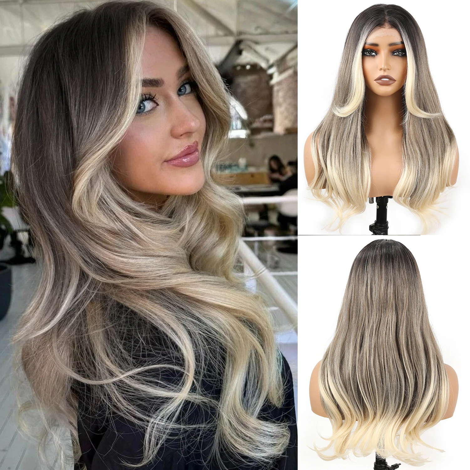 

Синтетический парик с кружевной передней частью 13x4, золотисто-русый с мелированием, длинные натуральные волнистые волосы с темными корнями, для повседневной носки, для женщин