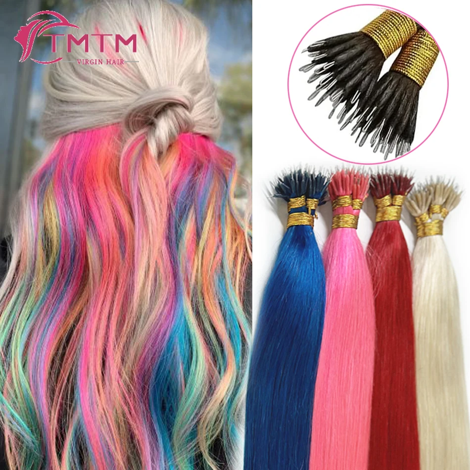 TMTM Straight Pink Nano Ring Human Hair Extensions Pre Bonded Brazilian Keratin Remy Hair Micro Beads Loop Hair 50/100 Strands