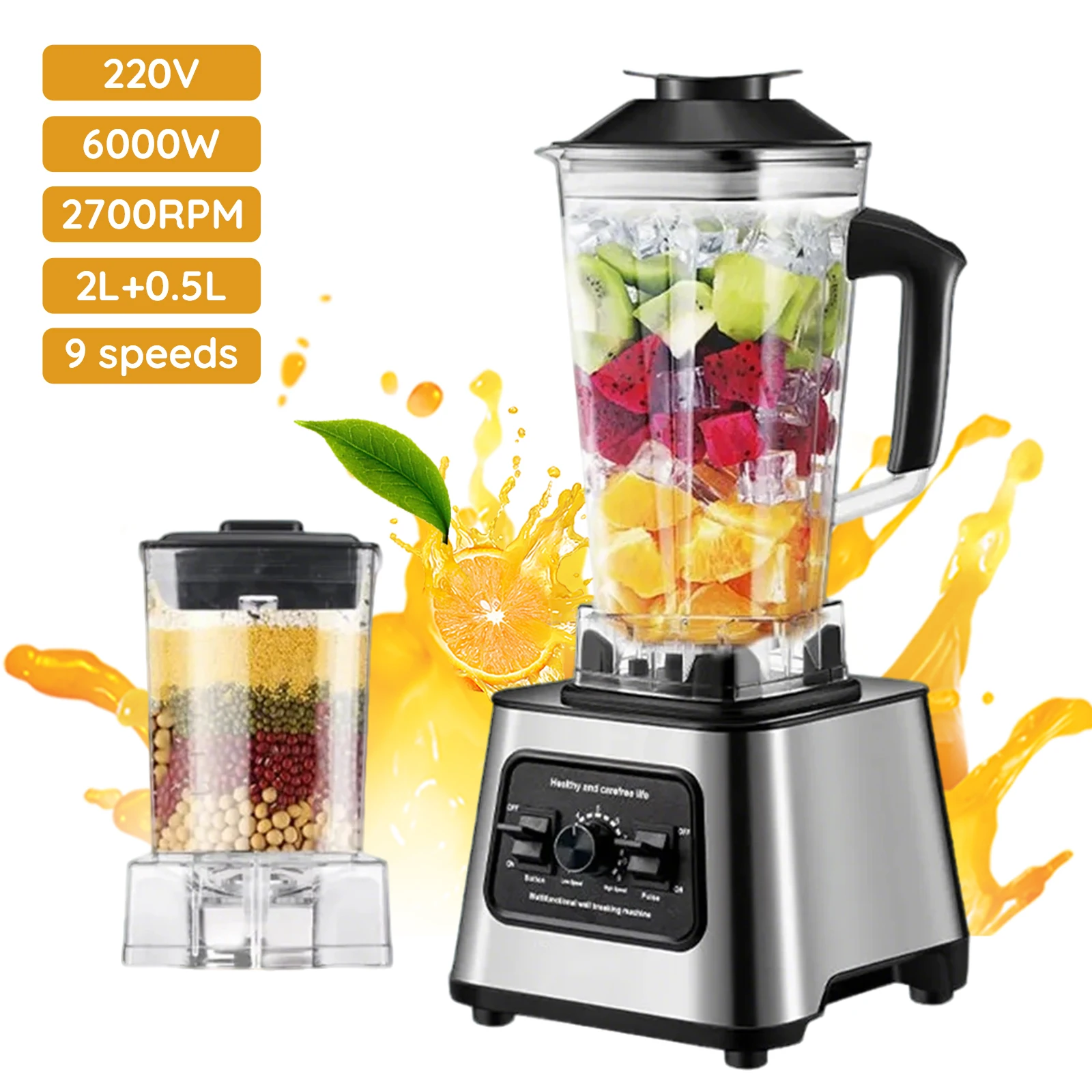 Potente Licuadora Mezcladora de 6000W, Exprimidor y Preparador de Smoothies, Licuadora de Mesa con Recipiente de 2.5L, Procesador de Alimentos para Hielo, Nueces y Frutas