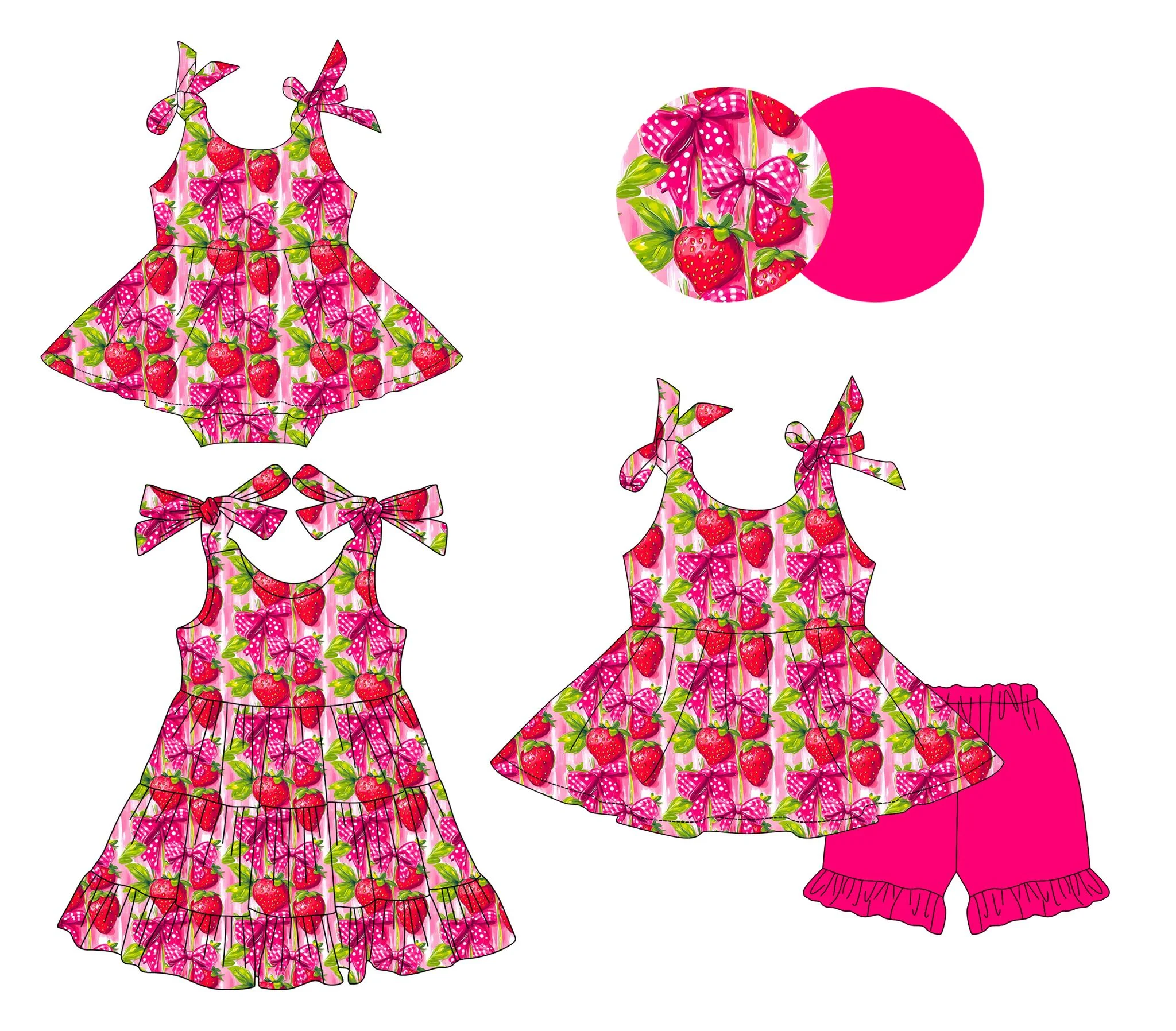 Summer Boutique Children's 3-Piece Set Strawberry Bow Print Halter Shorts Baby Romper Dress for Girls