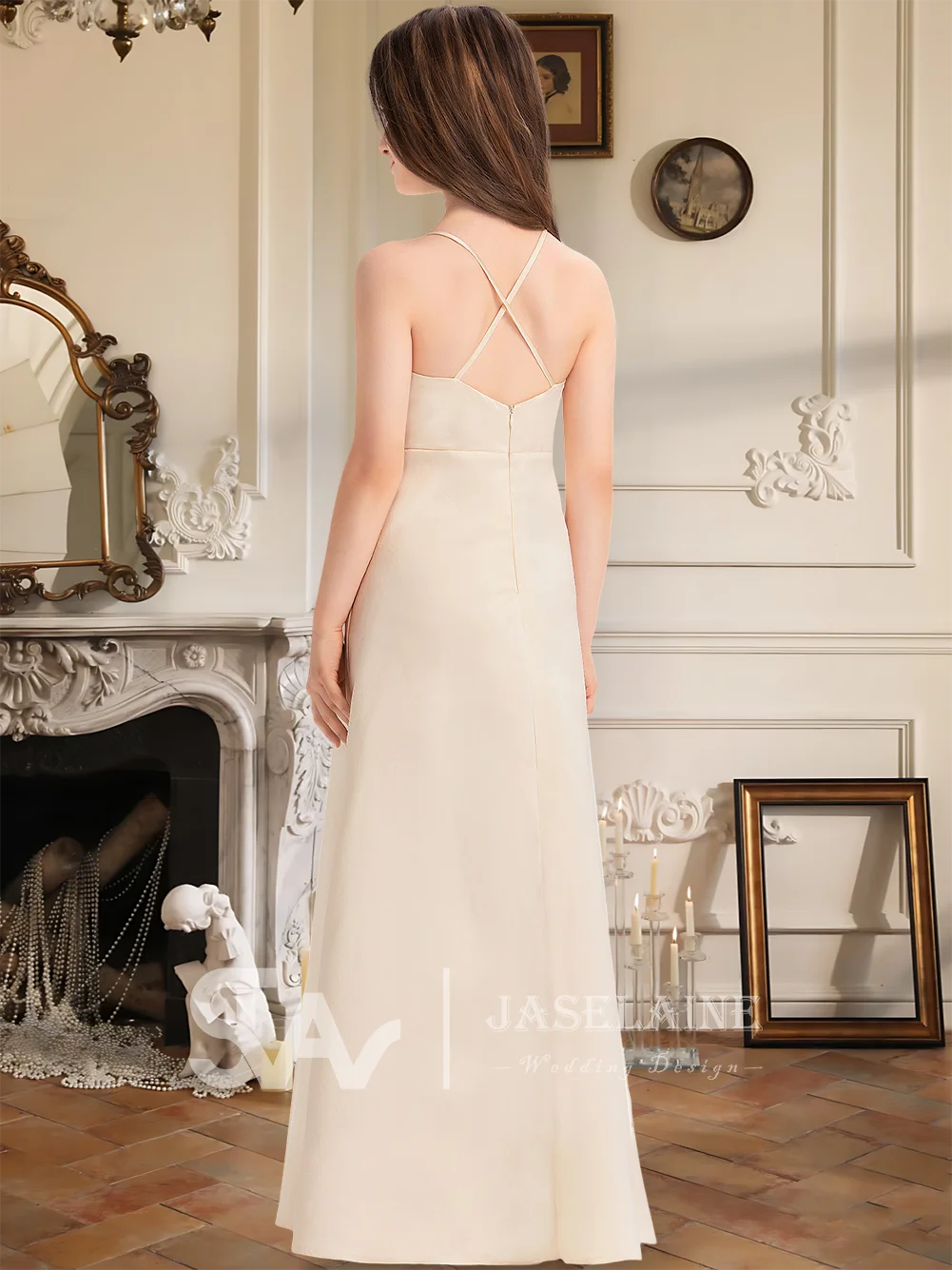 Роскошное атласное платье подружки невесты с v-образным вырезом длиной до пола, трапециевидной формы с перекрещивающимися бретелями и карманами, платье с цветочным узором для девочек, официальное платье для девочек